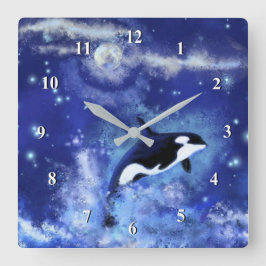 Killer Whale on Full Moon - Art Teckning - Blue Fyrkantig Klocka