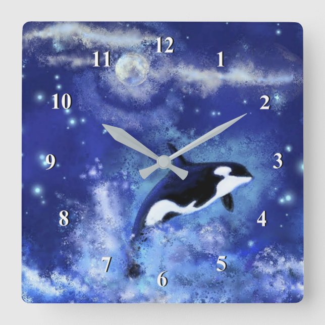 Killer Whale on Full Moon - Art Teckning - Blue Fyrkantig Klocka (Framsida)