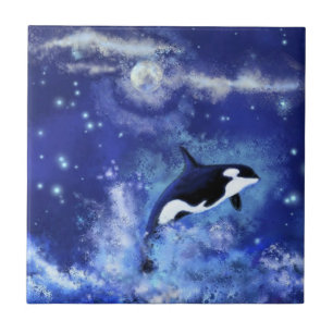 Killer Whale on Full Moon - Art Teckning - Blue Kakelplatta