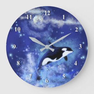 Killer Whale on Full Moon - Art Teckning Blue Stor Klocka