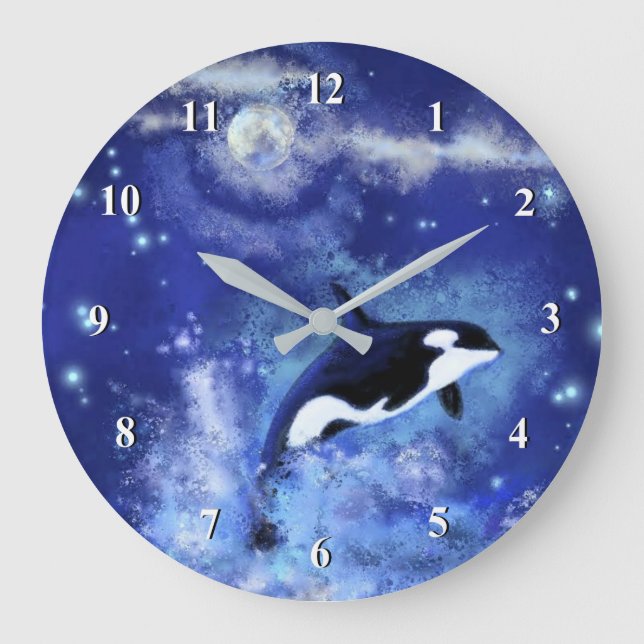 Killer Whale on Full Moon - Art Teckning Blue Stor Klocka (Framsida)