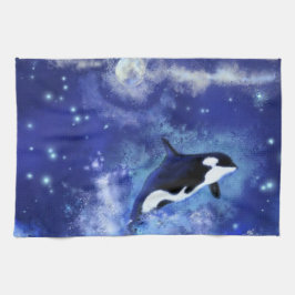 Killer Whale on Full Moon Kitchen Towel - Blue Kökshandduk