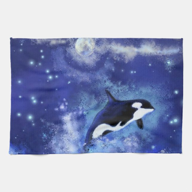 Killer Whale on Full Moon Kitchen Towel - Blue Kökshandduk (Horisontell)
