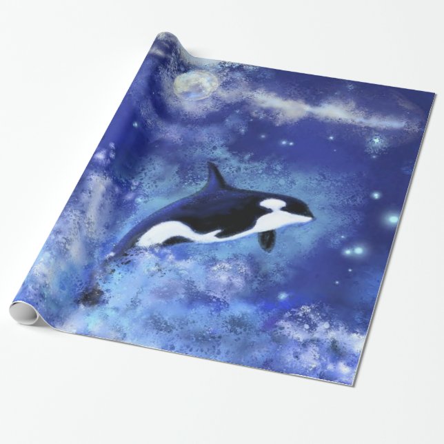 Killer Whale on Full Moon Wrapping Papper Painting Presentpapper (Utrullad)