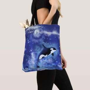 Killer Whale på Full Moon Blue Tote Bag Tygkasse