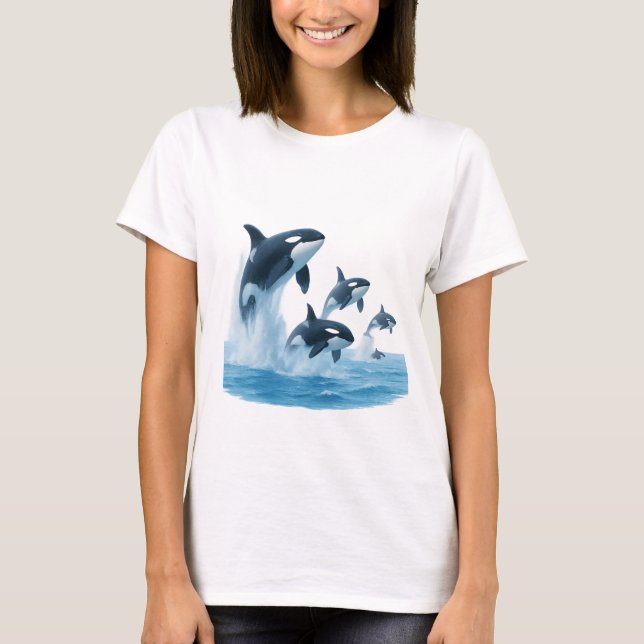 Killer Whales Breaching from Light Blue Ocean T Shirt (Framsida)