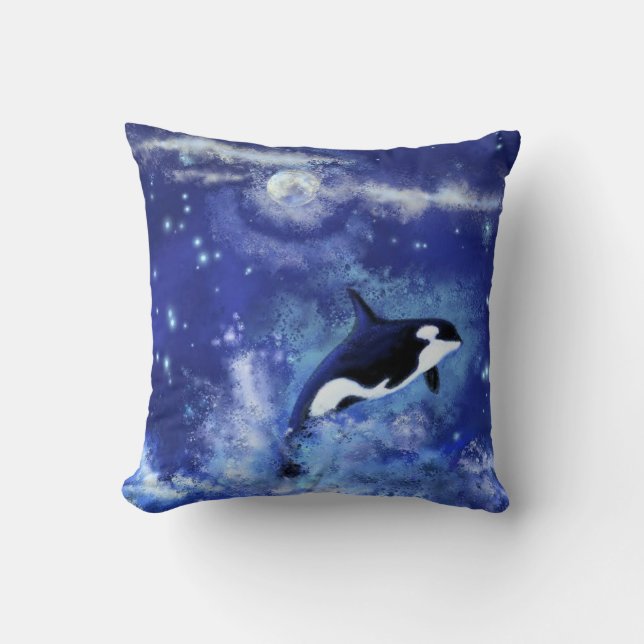 Killer Whales on Full Moon - Art Teckning - Blue Kudde (Framsida)