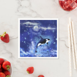 Killer Whales on Full Moon - Art Teckning - Blue Pappersservett