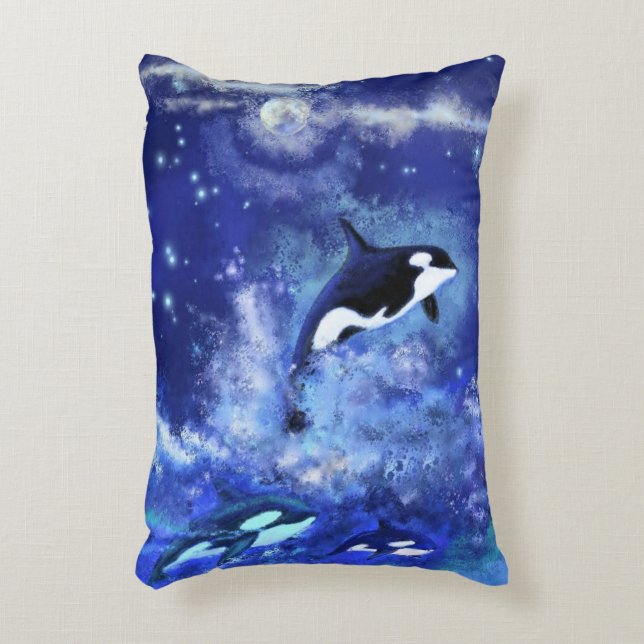 Killer Whales on Full Moon - Art Teckning - Blue Prydnadskudde (Framsidan(Vertikal))