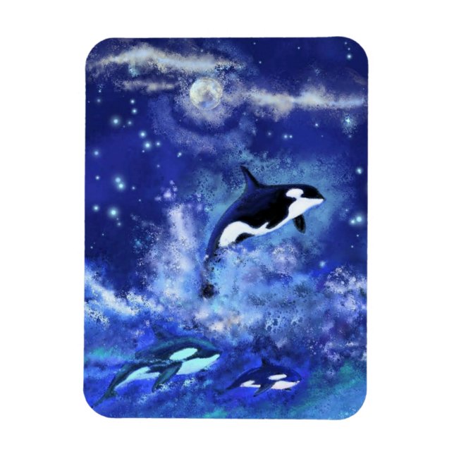 Killer Whales on Full Moon Magnet - Målning (Vertikal)