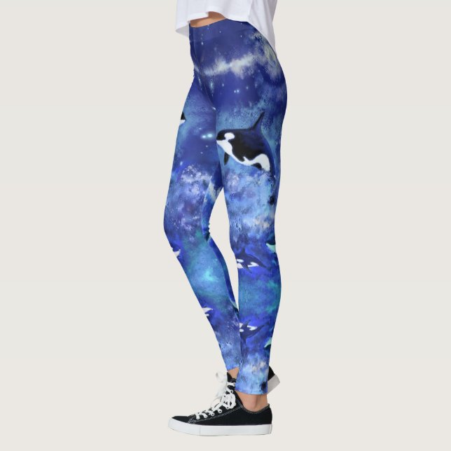 Killer Whales on Full Moon - Miged Art Teckning Leggings (Vänster)