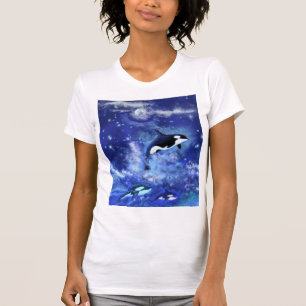 Killer Whales on Full Moon T-Shirt - Målning