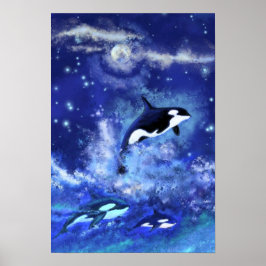 Killer Whales på Blue Full Moon Poster färgning