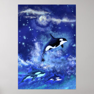 Killer Whales på Blue Full Moon Poster färgning