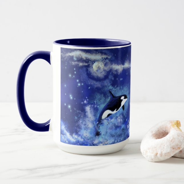 Killer Whales på Full Moon - Art Teckning Blue Mugg (Med munk)