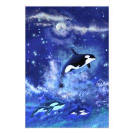 Killer Whales på Full Moon - Art Teckning Fototryck