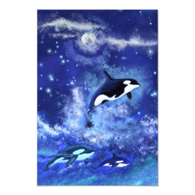Killer Whales på Full Moon - Art Teckning Fototryck (Framsidan)