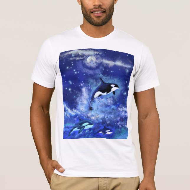 Killer Whales på Full Moon - Art Teckning T Shirt (Framsida)