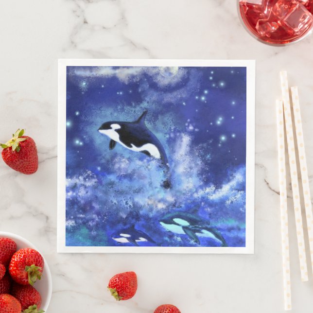 Killer Whales på Full Moon Napkins Blue Night Pappersservett (Insitu)