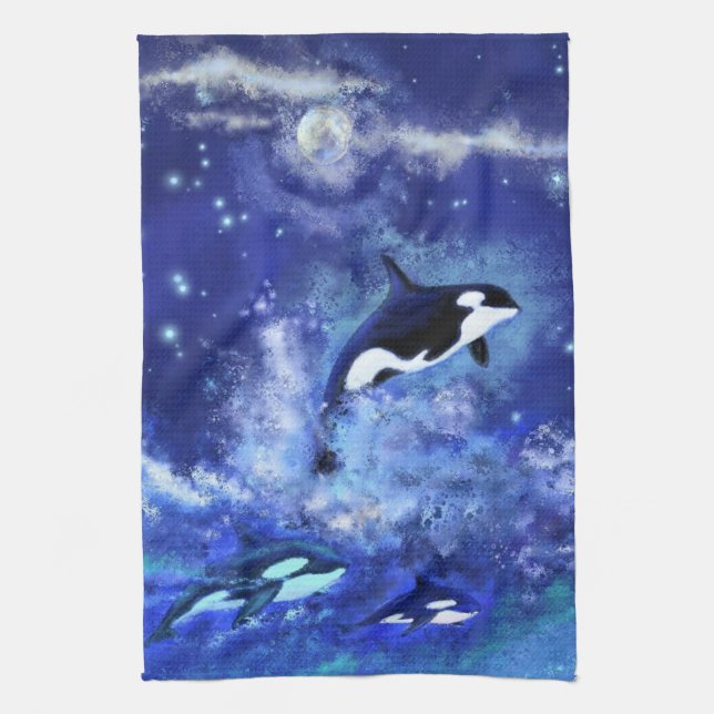 Killer Whales på fullmåne Blue Kitchen Towel Kökshandduk (Vertikal)