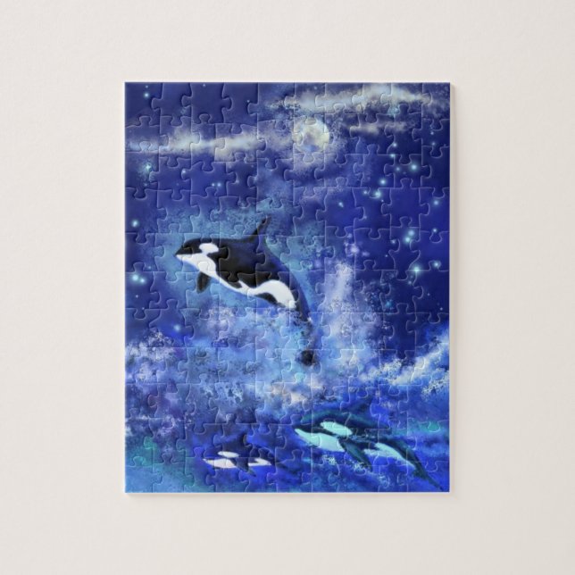 Killer Whales Swimming på Full Moon Jigszle Puzzle Pussel (Vertikal)