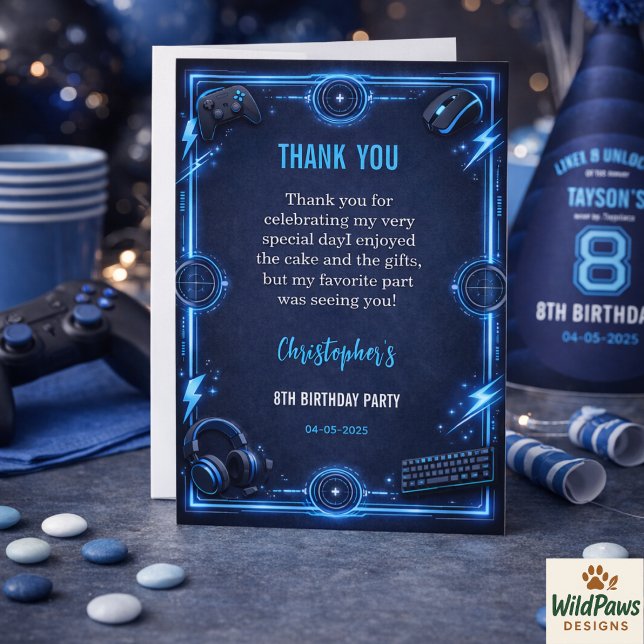Killigt Blått Pojkspel Modern 8-års Födelsedagsfes Tack Kort (Boys Modern Cool Blue Gaming 8th Birthday Party thank you card)