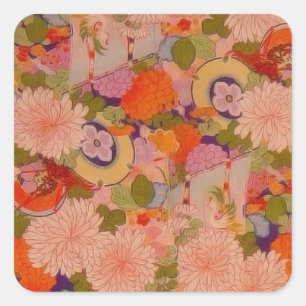 Kimono Flower Rosa Blommönster Fyrkantigt Klistermärke