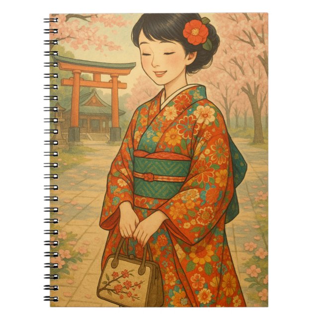 Kimono Girl - Cherry Blommar Notebook Anteckningsbok (Framsidan)
