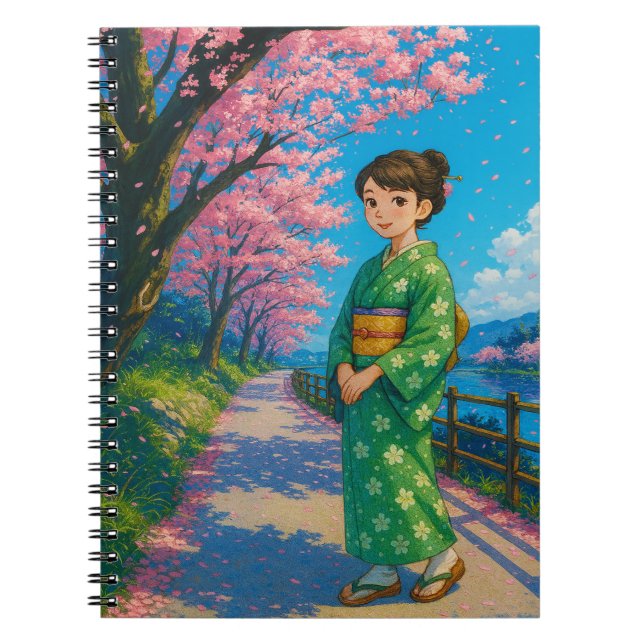 "Kimono Girl - Cherry Blommar Notebook Anteckningsbok (Framsidan)