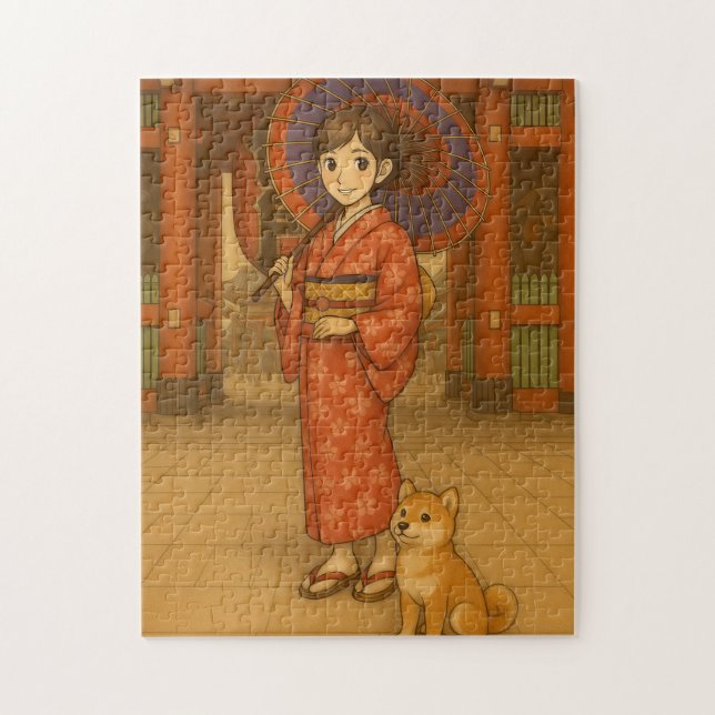 Kimono Girl och Shiba hund i Asakusa Pussel (Vertikal)