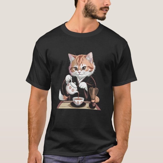 Kimono Katt Dricker Te Träsnitt Konst T Shirt (Framsida)