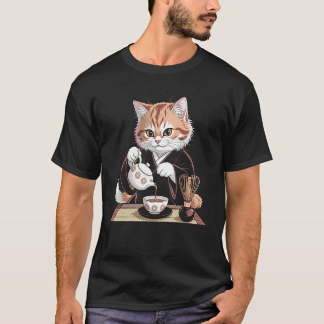 Kimono Katt Dricker Te Träsnitt Konst T Shirt (Framsida)