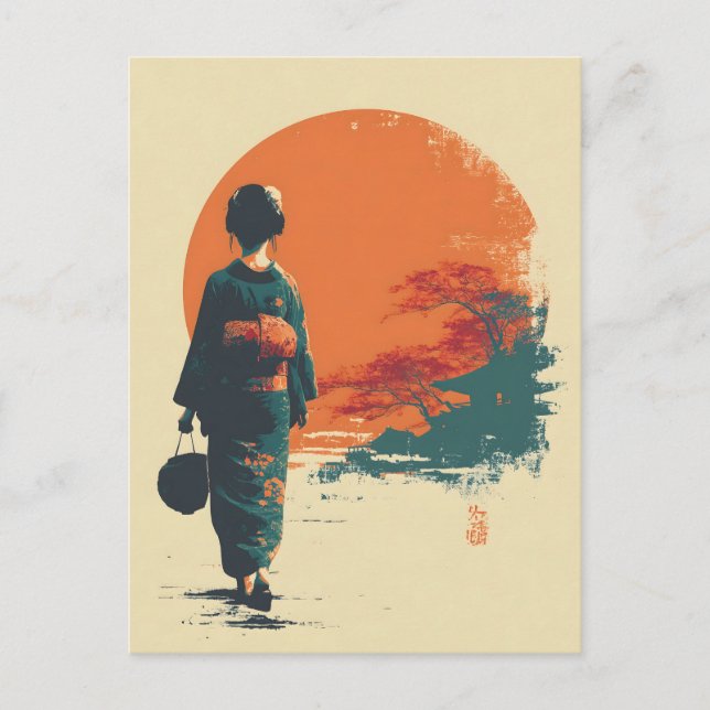 Kimono kvinna vintage vykort (Framsida)