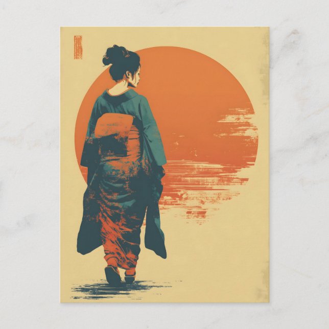 Kimono kvinna vintage vykort (Framsida)