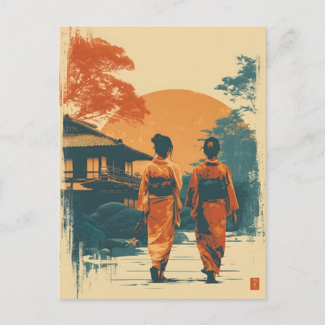 Kimono kvinnor vintage vykort (Framsida)