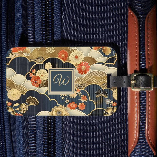Kimono stil blomstertryck japanska med monogram bagagebricka (Skapare uppladdad)
