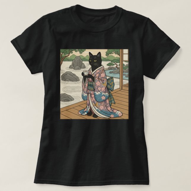 Kimono Svart Katt  T Shirt (Design framsida)