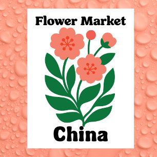 Kina blomstermarknad korallpeony och grönt blad vykort