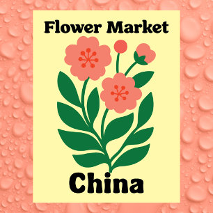 Kina blomstermarknad korallpeony och grönt blad vykort