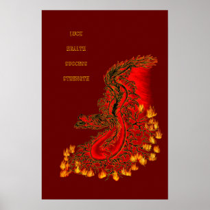 Kina Drak röd och gul design Poster