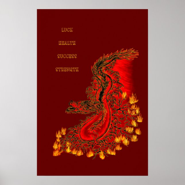 Kina Drak röd och gul design Poster (Framsidan)