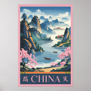 Kina Illustration Rosa Resa Konst Vintage Poster