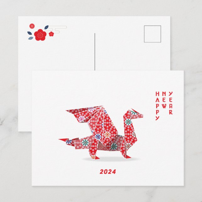 Kinas nyår 2024 Röda Origami Dragon Helg Vykort (Fram/baksida)