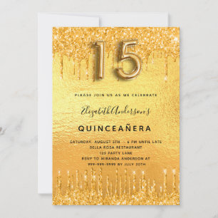 Kinceanera party guld glitter, bläck inbjudningar