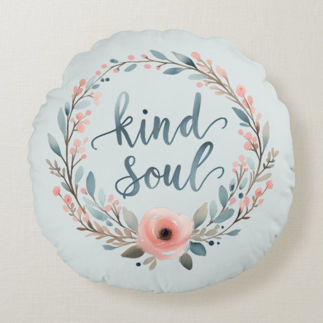 Kind Soul Floral Wreath Watercolor Quote Rund Kudde (Framsidan)