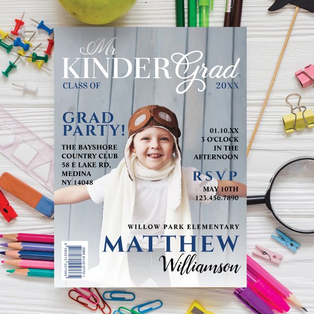 Kinder Grad Blue Photo Magazine Cover Inbjudningar (Skapare uppladdad)