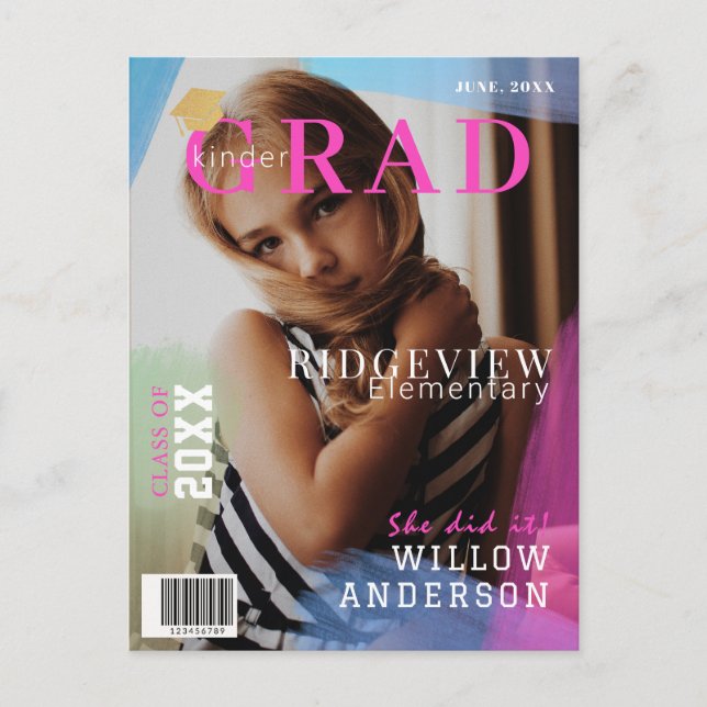 Kinder Grad Magazine Neon Rosa Photo Studenten Meddelande Vykort (Framsida)