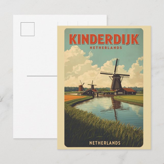 Kinderdijk Holland Nederländerna VindKvarnar prese Vykort (Fram/baksida)