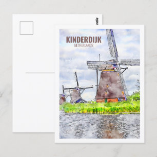 Kinderdijk Netherlands Travel Watercolor Sketch Vykort