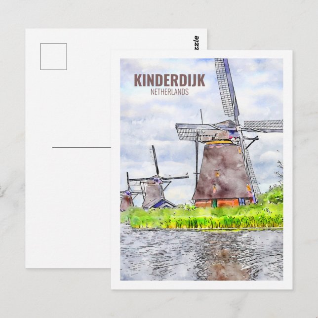 Kinderdijk Netherlands Travel Watercolor Sketch Vykort (Fram/baksida)
